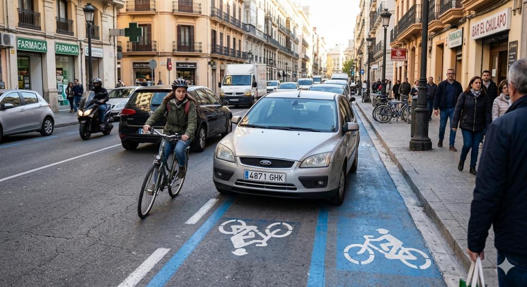 Vehículo aparcado en un carril bici en España obligando a los ciclistas a incorporarse al tráfico
