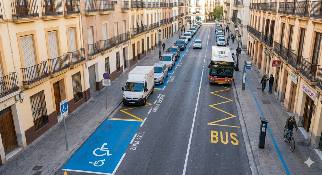 Diferentes tipos de zonas reservadas de estacionamiento en una calle española según la normativa DGT