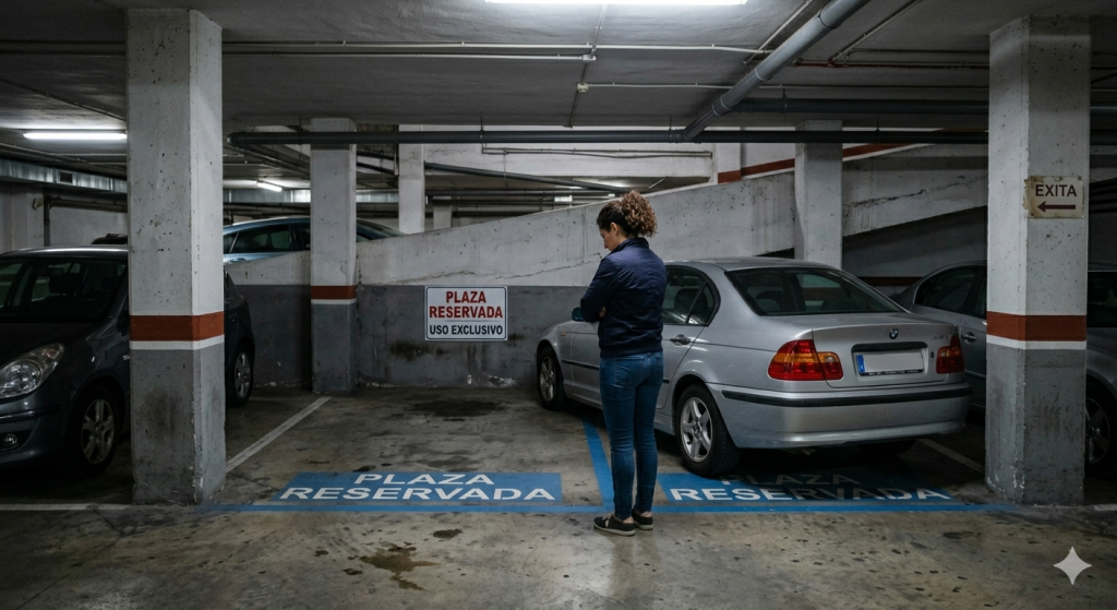 Coche aparcado en plaza de garaje privada bloqueando el acceso al propietario en España