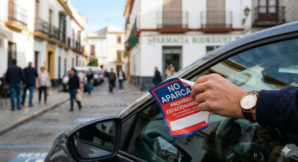 Persona pegando una pegatina de estacionamiento prohibido en el cristal lateral de un coche mal aparcado