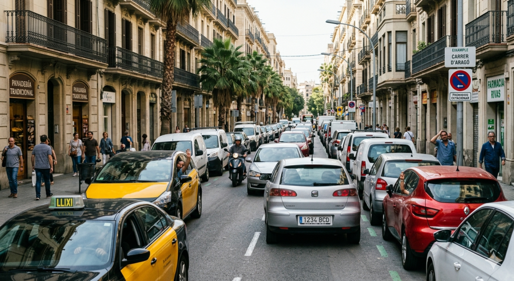 Coche aparcado en doble fila en una calle española bloqueando el tráfico y otros vehículos