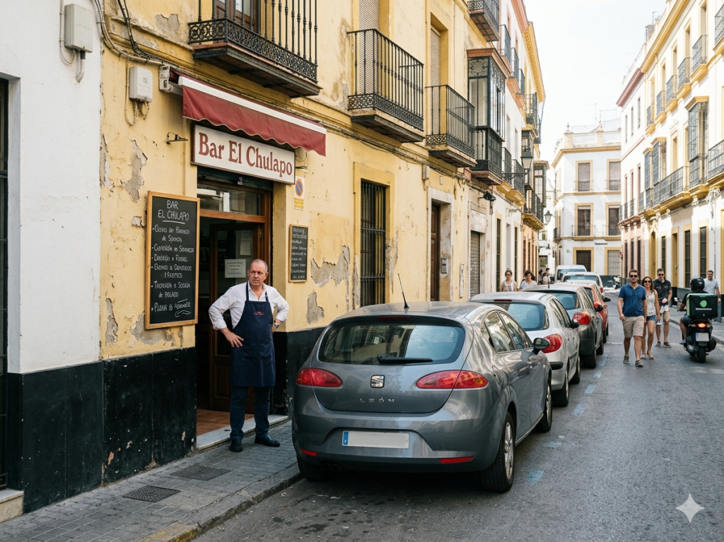 Vehículo mal aparcado bloqueando la entrada de un negocio en España perjudicando a los clientes