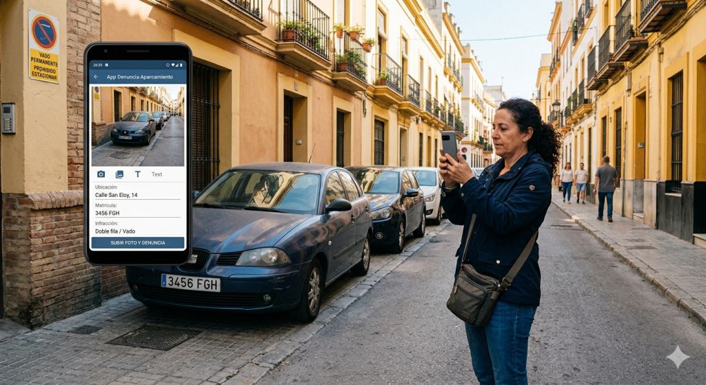 Ciudadano fotografiando un vehículo mal aparcado con su smartphone para presentar una denuncia online en España