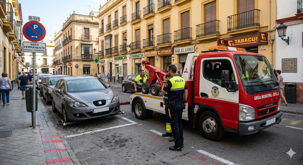 Grúa municipal retirando un vehículo mal aparcado en una calle española en 2025