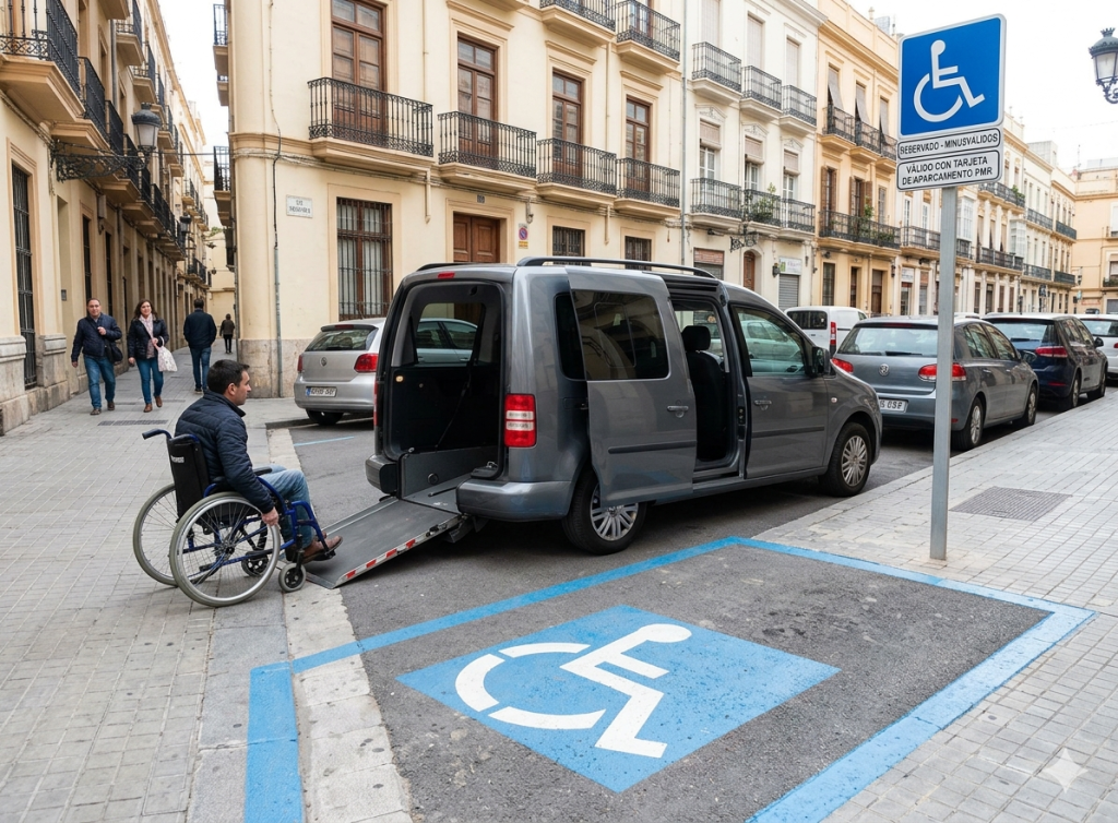 Persona con movilidad reducida en plaza de aparcamiento reservada PMR en España con símbolo internacional de accesibilidad