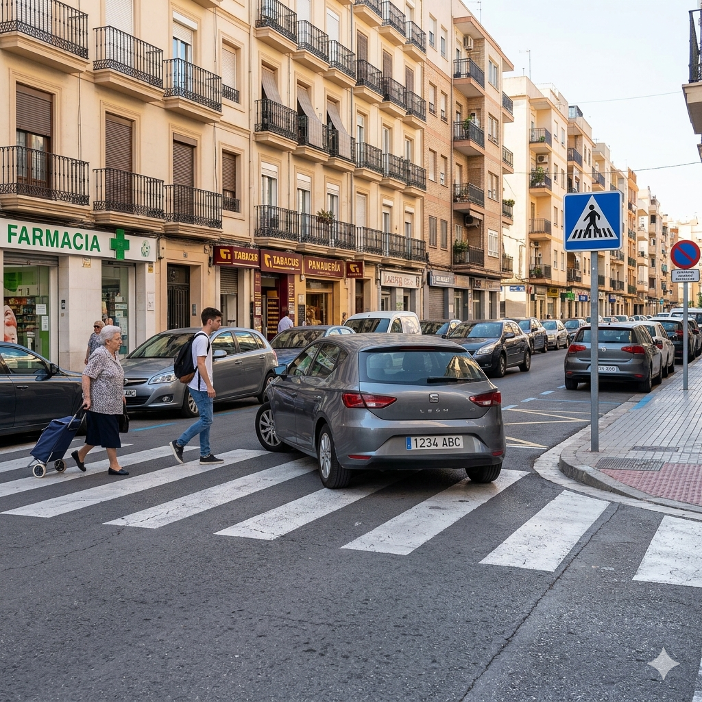 Vehículo aparcado sobre un paso de peatones en España obligando a los peatones a bajar a la calzada