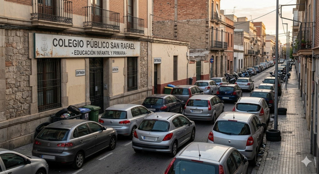 Vehículos mal aparcados frente a la puerta de un colegio en España poniendo en riesgo la seguridad de los niños