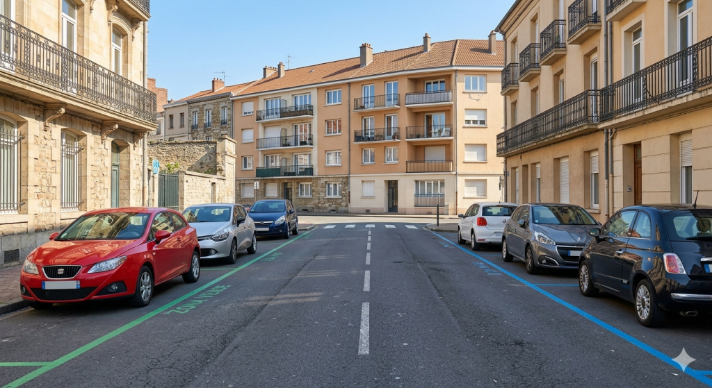 Zona de estacionamiento regulado verde y azul en calle residencial española con señalización ORA visible