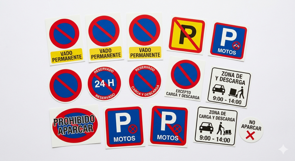 Diferentes modelos de pegatinas de estacionamiento prohibido para elegir según la situación específica
