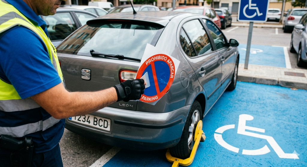 Pegatina de estacionamiento prohibido para plaza de discapacitados siendo aplicada en cristal lateral de vehículo