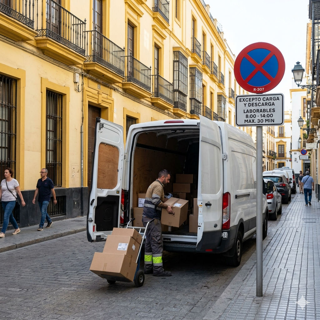 Furgoneta de reparto en zona de carga y descarga señalizada en España con señal R-307