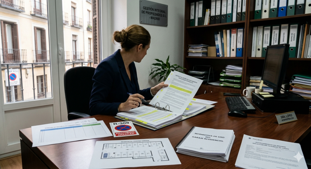 Administrador de fincas gestionando documentación sobre aparcamiento en comunidades de vecinos en España