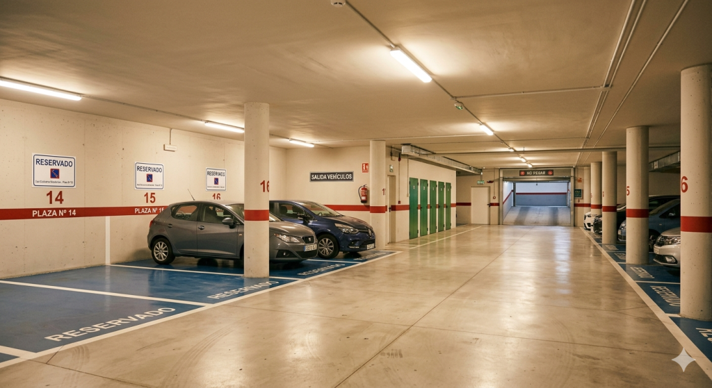 Garaje de comunidad de vecinos en España con plazas numeradas y señalización de estacionamiento reservado