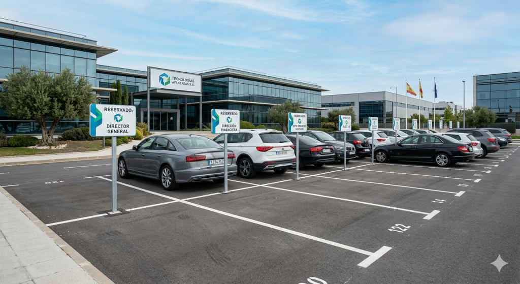 Aparcamiento privado de empresa en España con señalización de plazas reservadas y gestión de estacionamiento