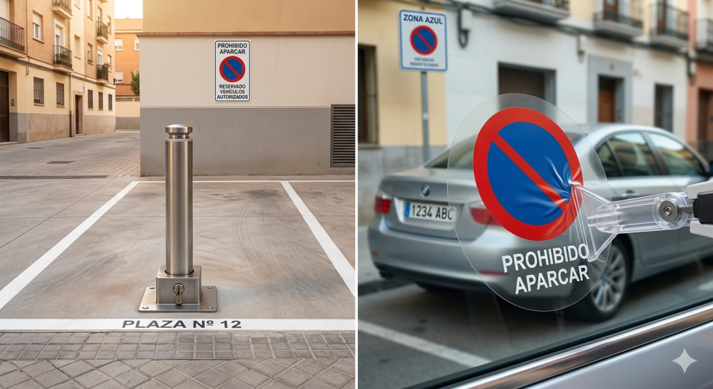 Comparativa entre bolardo abatible y pegatina de estacionamiento prohibido como soluciones disuasorias