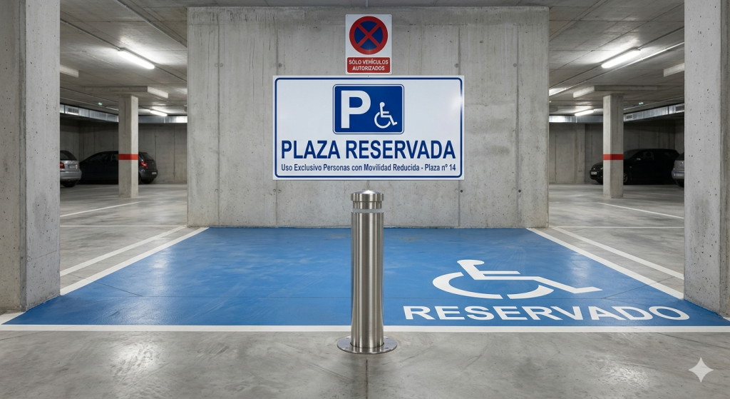 Bolardo abatible instalado en plaza de garaje privada en España para evitar ocupaciones no autorizadas