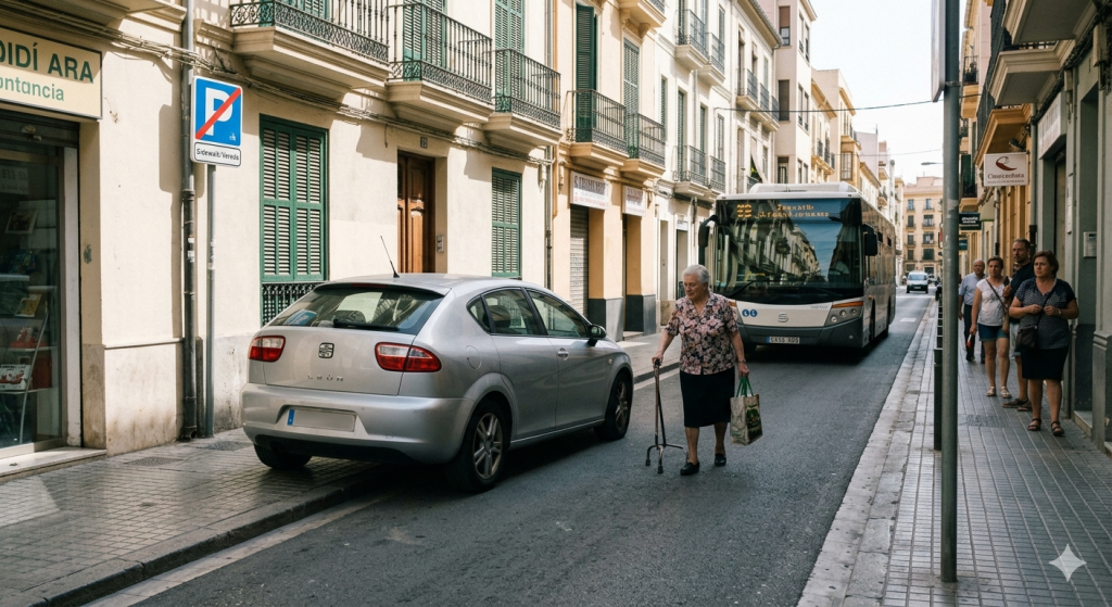 Coche aparcado sobre la acera en España bloqueando el paso de peatones y personas con movilidad reducida