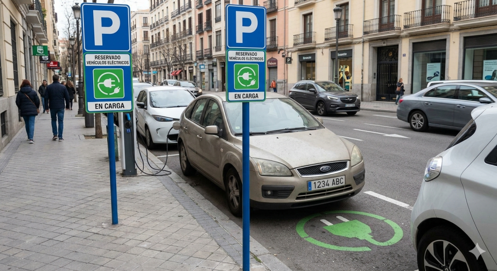 Coche de combustión aparcado en plaza de recarga eléctrica bloqueando el cargador en España